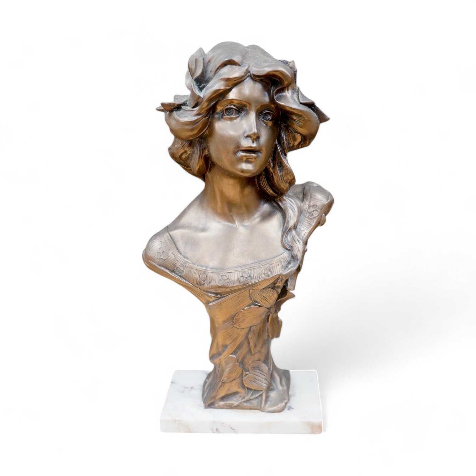 An Art Nouveau style bronzed bust of a lady on marble base, 34cm. Condition - fair